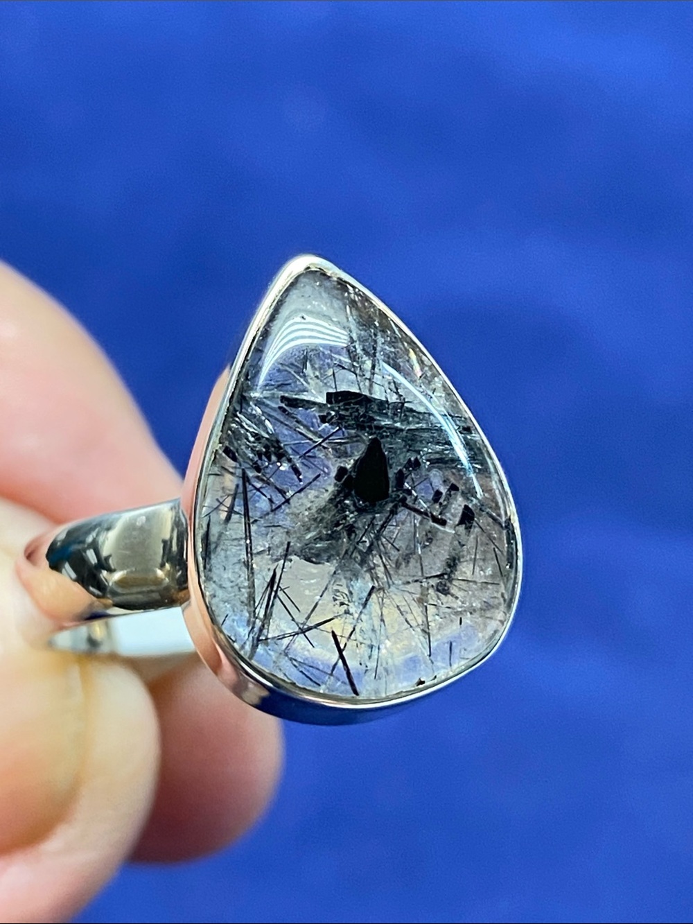 Sterling Silver Black Rutilated Quartz Teardrop Ring - Women Size 7